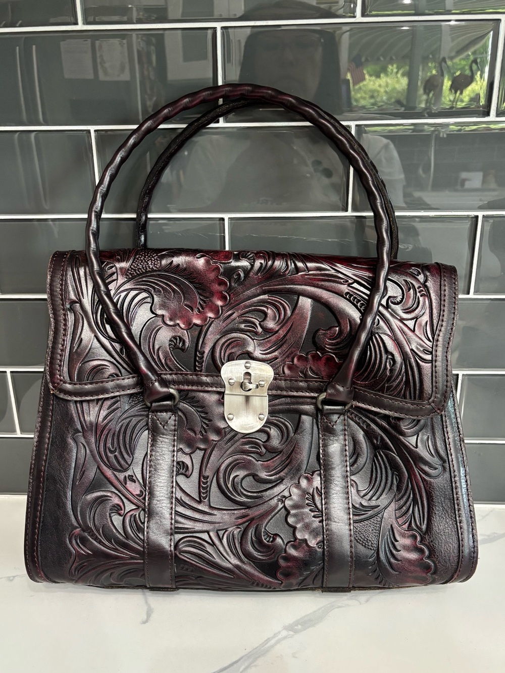 Patricia Nash Chocolate Wine Tooled Leather Vienna Top-Handle Satchel NWOT